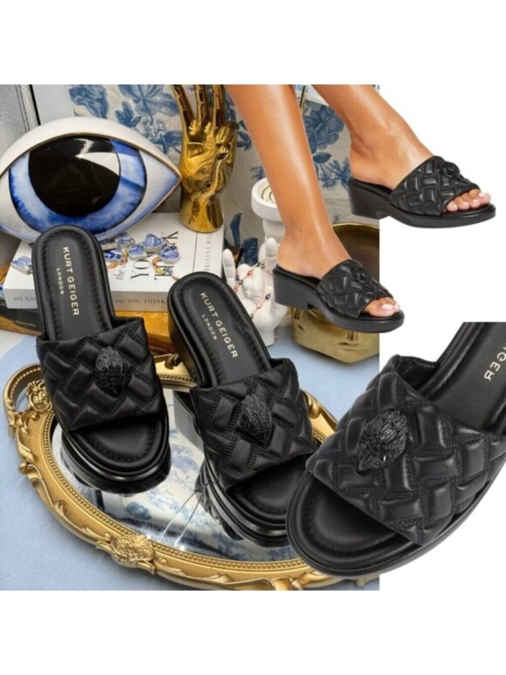🆕 KURT GEIGER LONDON 🧿 NWOB Kensington Slip On Sandal, Black Sz 37 US 7